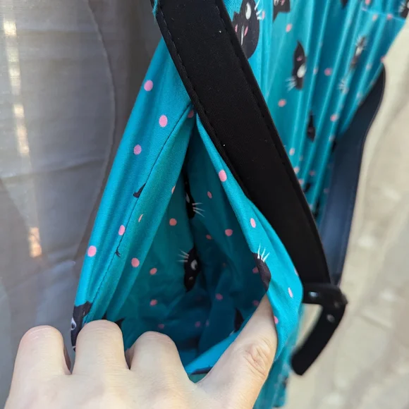 Unique Vintage Teal Cat Pattern Midi Dress - Picture 7 of 13